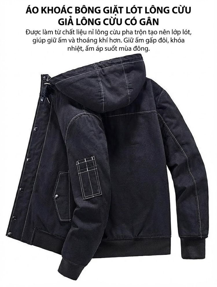 Áo Khoác Cotton Nam Lót Lông Có Mũ Trùm Đầu Dáng Rộng Màu Xanh Rêu, Xanh Navy chi tiết 1