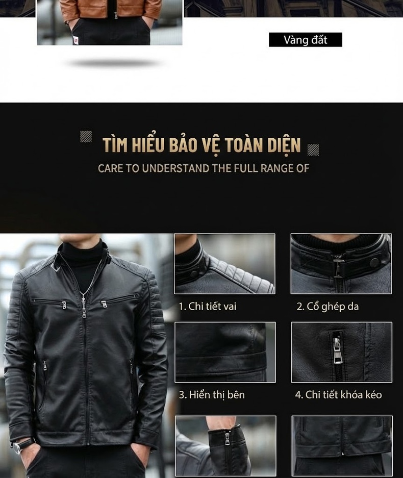 Áo Khoác Da Nam Cổ Trụ Dáng Ôm Phong Cách Biker Màu Nâu, Đen, Xanh Navy, Đỏ... chi tiết 17
