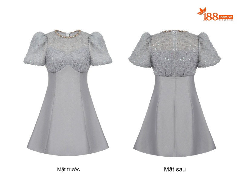 Váy Ngắn Nữ Cổ Tròn Tay Phồng Đính Đá Thắt Eo Chữ A Màu Trắng, Xám chi tiết 11