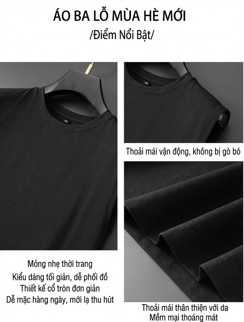 Áo Ba Lỗ Nam Cotton Sát Nách Form Rộng Thoáng Mát Màu Đen, Trắng chi tiết 2