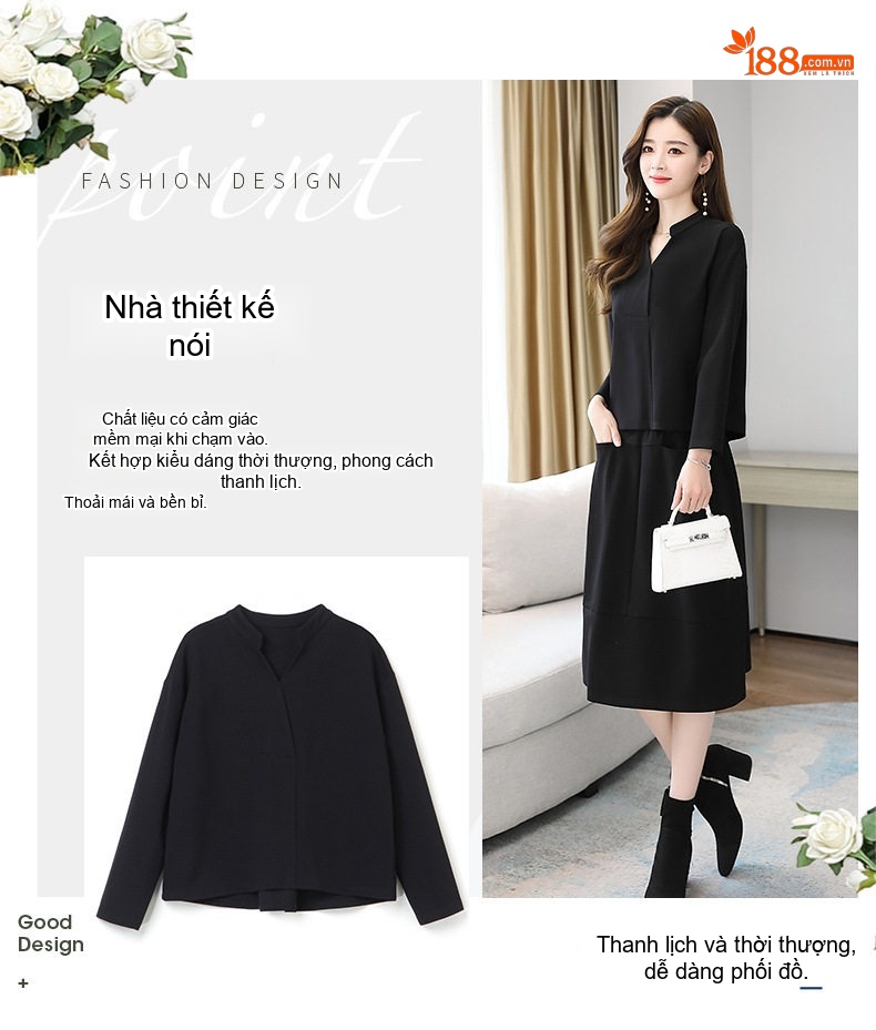 Bộ Đồ Nữ Thu Đông Áo Tay Lỡ Và Chân Váy dáng chữ A Thanh Lịch Màu Đen, Nâu, Xám chi tiết 3