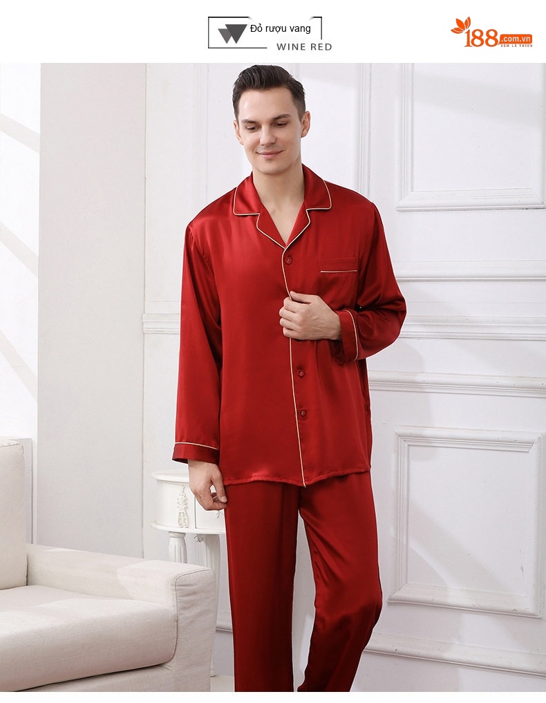 Bộ Đồ Ngủ Lụa Tơ Tằm Dài Tay Nam 100%桑蚕丝 Mùa Xuân Hè Màu Xanh Navy, Vàng Be, Xám, Đỏ chi tiết 19