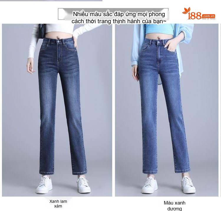 Quần Jean Nữ Ống Đứng Lưng Cao Co Giãn Màu Xanh Denim chi tiết 4