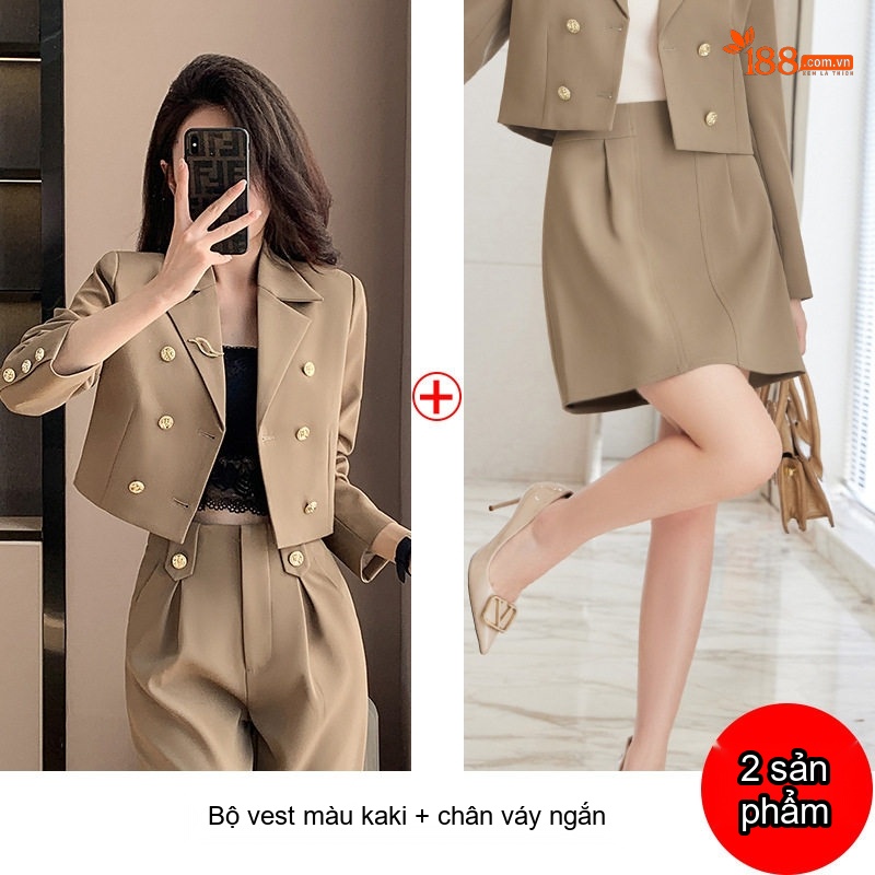 Bộ Vest Công Sở Nữ Dáng Ngắn Quần Dài/Chân Váy Màu Kaki, Đen, Xanh Dương