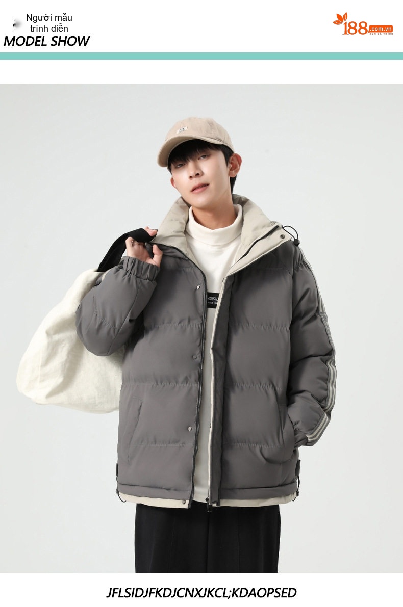 Áo Khoác Phao Nam Cotton Dáng Rộng Có Mũ Trùm Đầu Màu Đen, Kem chi tiết 11
