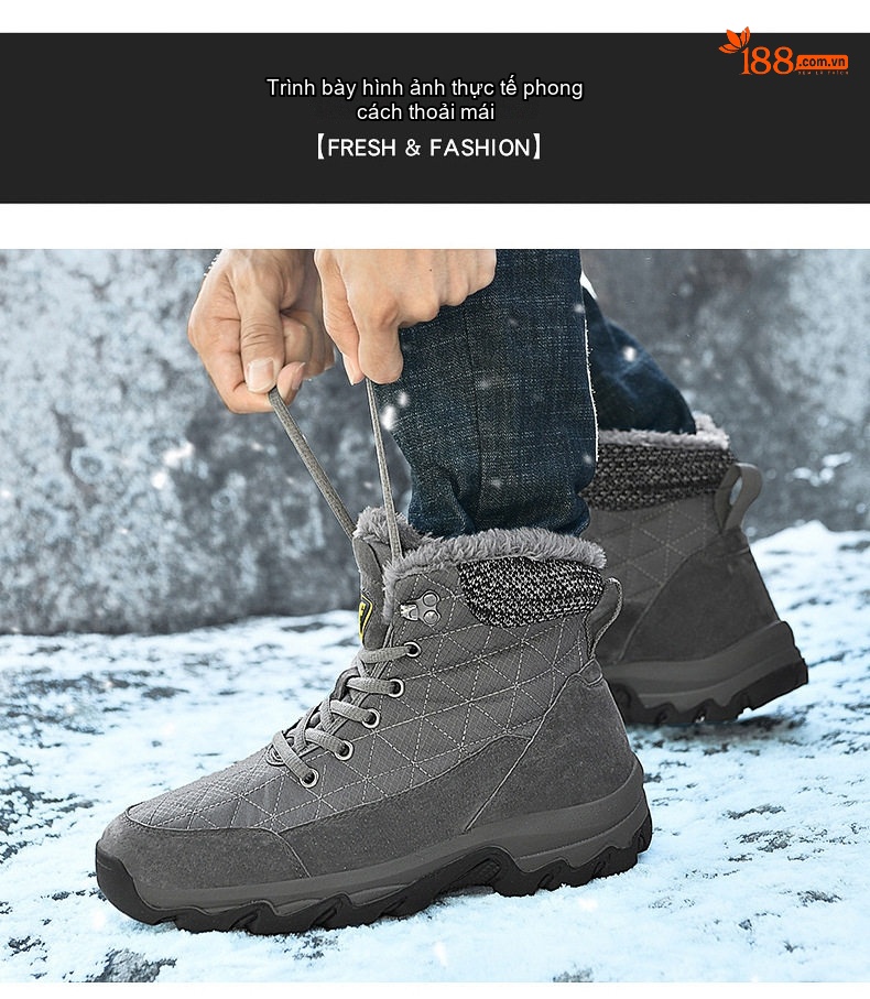 Giày Boot Nam Cổ Cao Lót Lông Đi Tuyết Chống Trượt Chiều Cao Đế Khoảng 4cm Màu Đen, Xám chi tiết 17