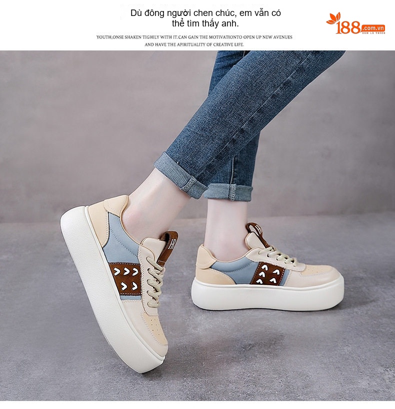 Giày Thể Thao Nữ Da Bò Đế Bánh Mì Chiều Cao Đế Khoảng 4cm Màu Be, Nâu, Xanh chi tiết 14