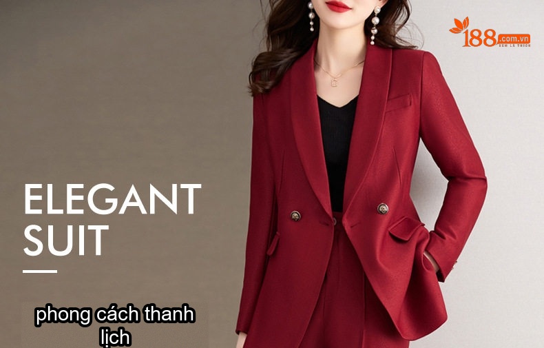 Set Bộ Vest Nữ Quần Ống Rộng Dáng Ôm Thanh Lịch Màu Đỏ, Xanh Lá, Đen chi tiết 3
