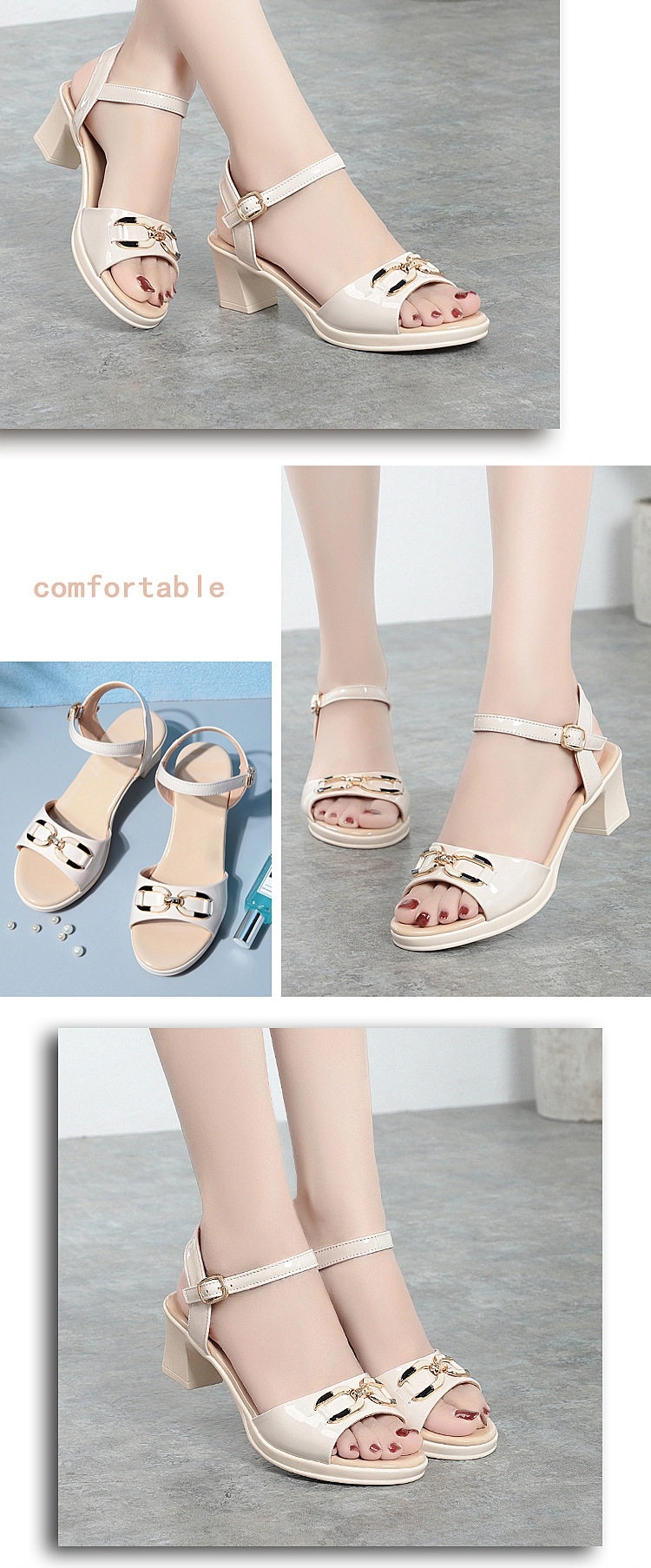 Giày Sandal Cao Gót Nữ Quai Ngang Da Bóng Gót Cao 7cm - 8cm Màu Đen, Kem chi tiết 10