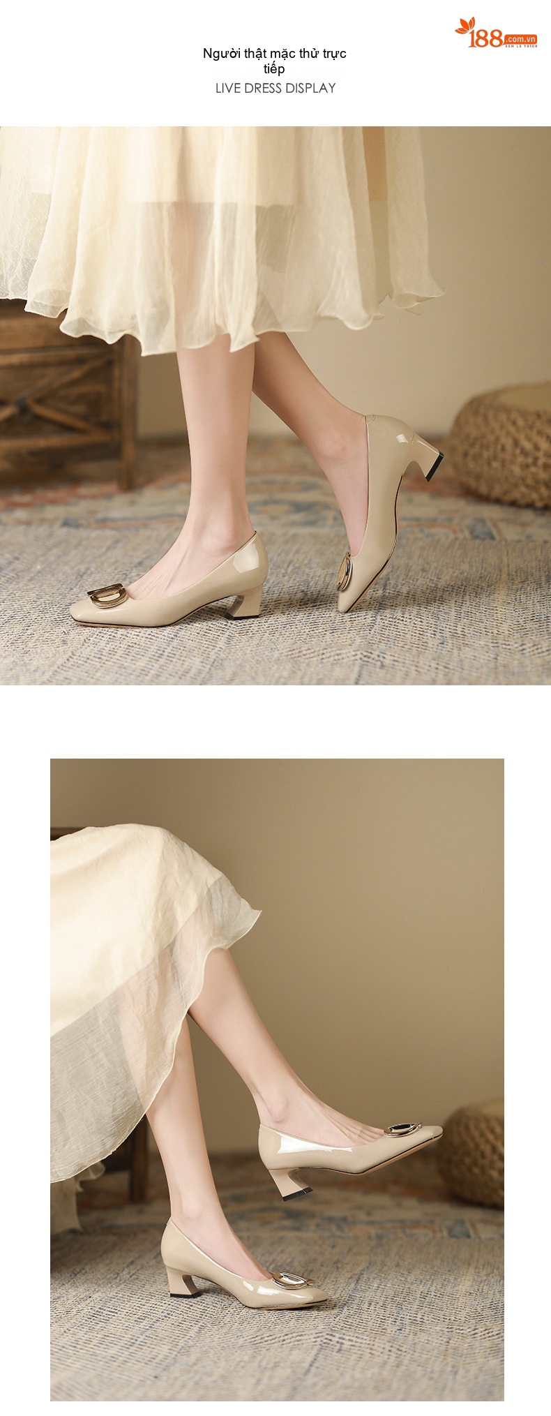 Giày Cao Gót Nữ Công Sở Mũi Vuông Da Bóng Chiều Cao Đế Khoảng 5cm Màu Đen, Kem, Trắng chi tiết 2