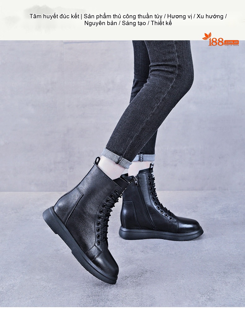 Giày Boot Martin Nữ Da Bò Lót Lông Chiều Cao Đế Khoảng 4cm Phong Cách Anh Quốc Màu Đen chi tiết 1