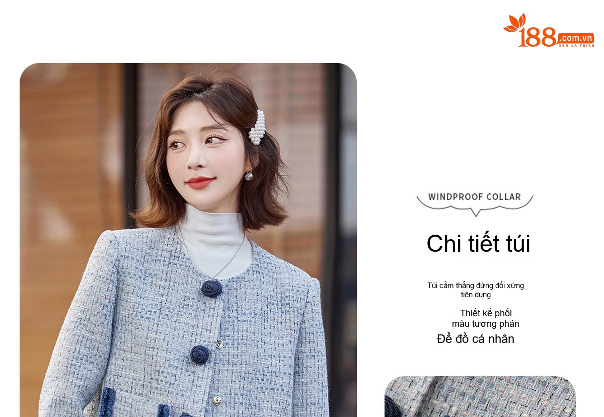 Áo Khoác Nữ Tweed Xanh Lam Cổ Tròn Đính Nút Hoa Phong Cách Tiểu Thư chi tiết 12