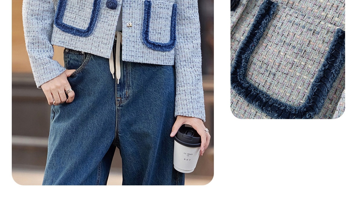Áo Khoác Nữ Tweed Xanh Lam Cổ Tròn Đính Nút Hoa Phong Cách Tiểu Thư chi tiết 13