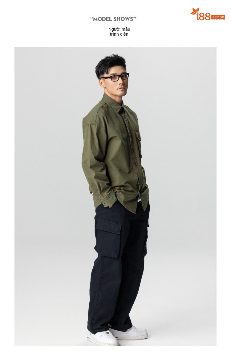 Áo Sơ Mi Nam Cotton Dáng Rộng Phong Cách Retro Màu Xanh Rêu, Nâu, Đen chi tiết 15