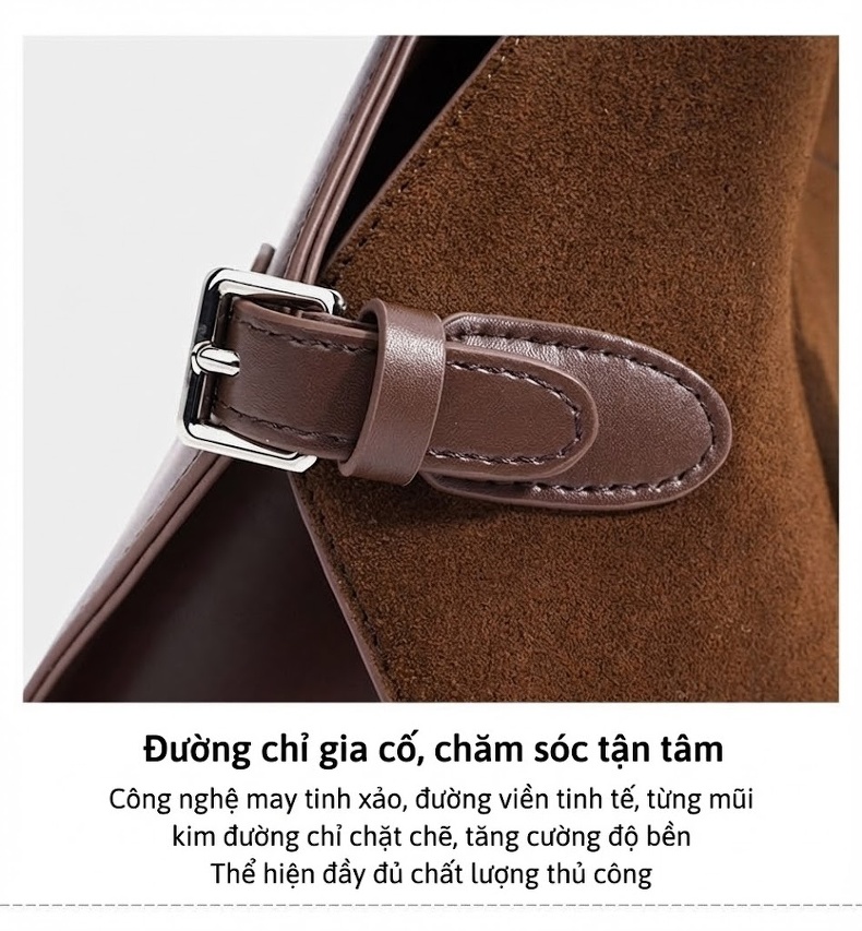 Túi Tote Da Mờ Đeo Vai/Đeo Chéo Khổ Lớn Màu Nâu Đỏ, Nâu chi tiết 13