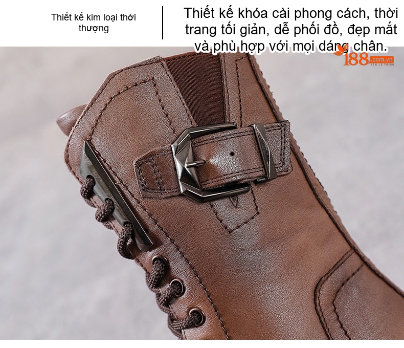 Boot Martin Nữ Da Bò Cổ Lửng Khóa Cài Phong Cách Anh Chiều Cao Đế Khoảng 5cm Màu Nâu, Đen chi tiết 6