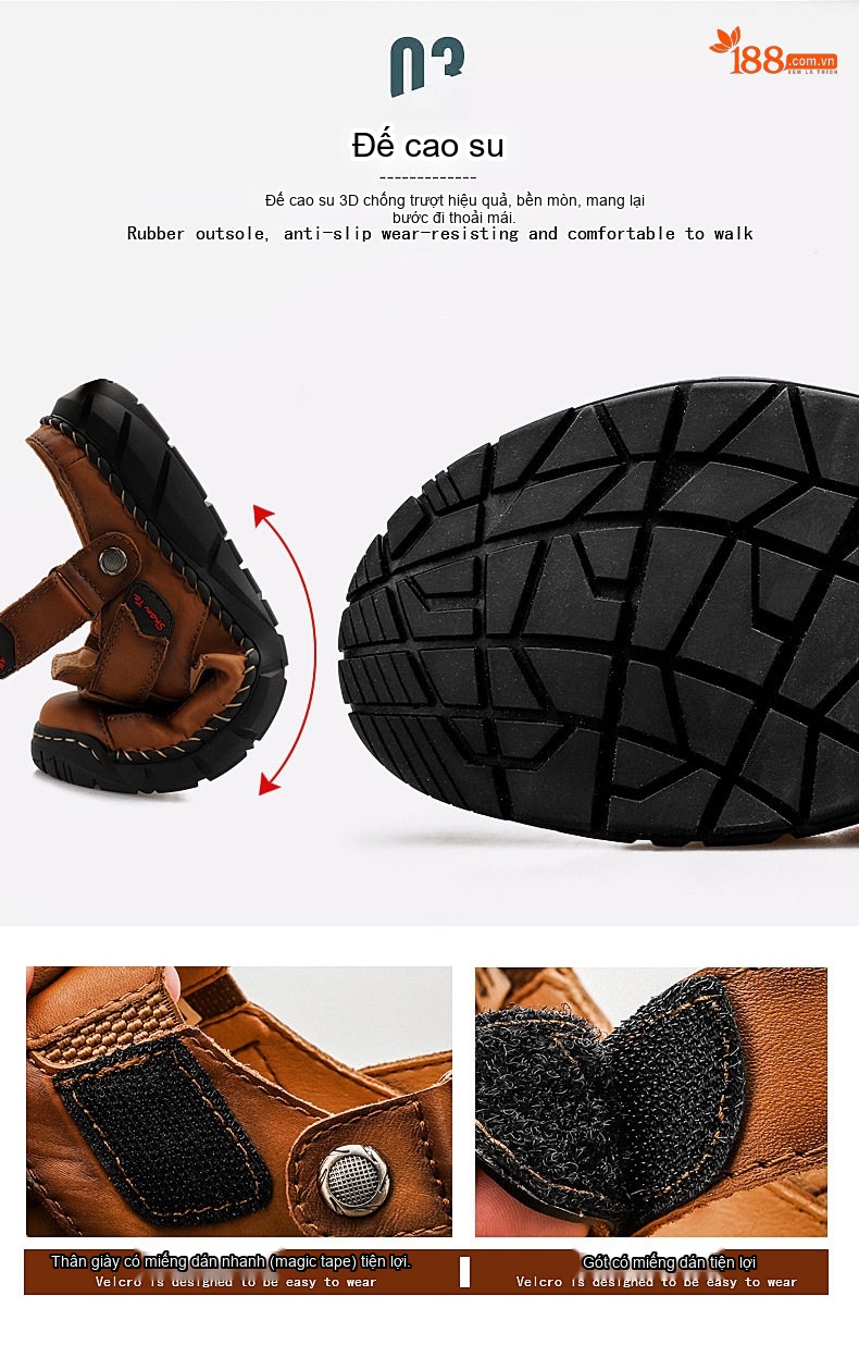 Dép Sandal Nam Da Thật Thoáng Khí Chiều Cao Đế Khoảng 3cm Màu Nâu, Đen chi tiết 7