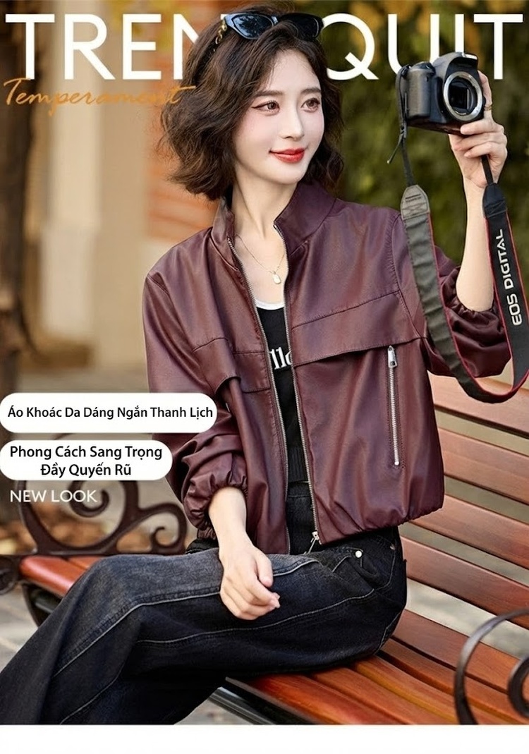 Áo Khoác Bomber Nữ Tay Lồng Đèn Cổ Trụ Da Bóng Phong Cách Thời Trang Màu Đen, Đỏ Rượu Vang chi tiết 1