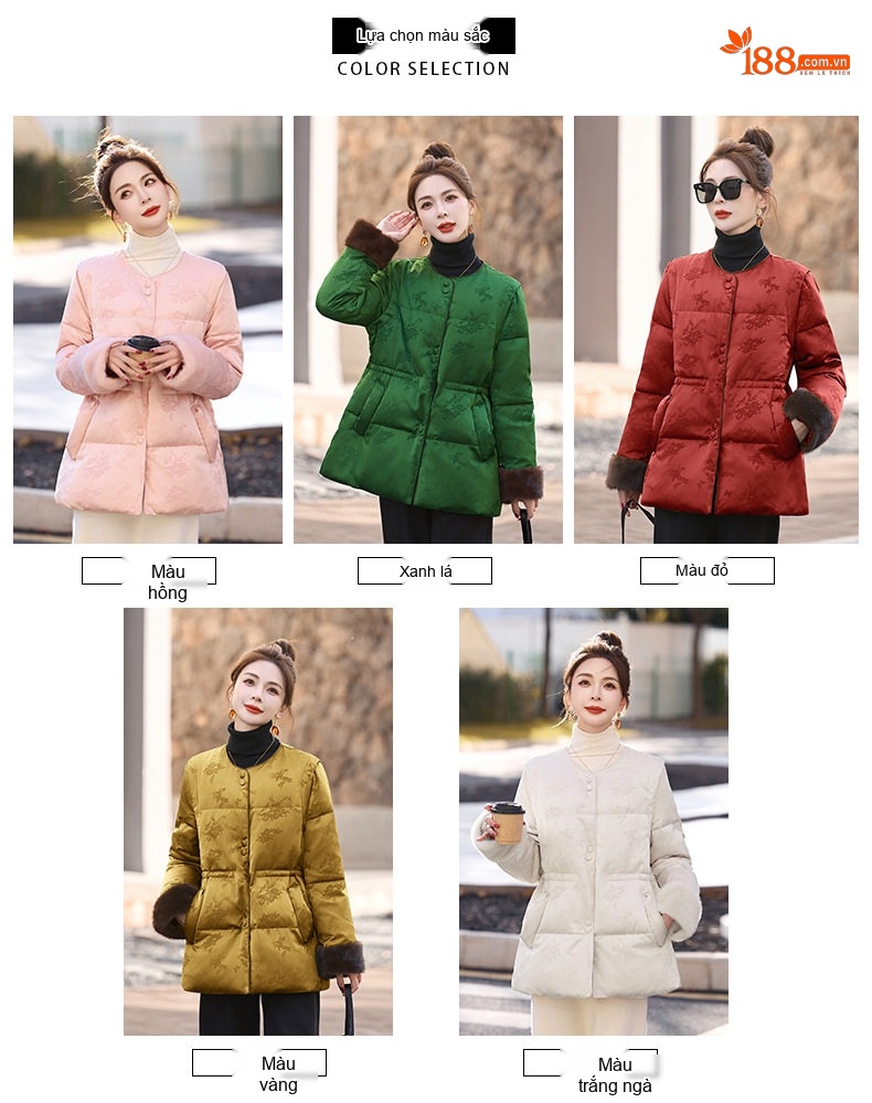 Áo Khoác Phao Nữ Dáng Dài Vừa Thắt Eo Họa Tiết Jacquard Màu Hồng, Trắng, Vàng, Đỏ... chi tiết 14