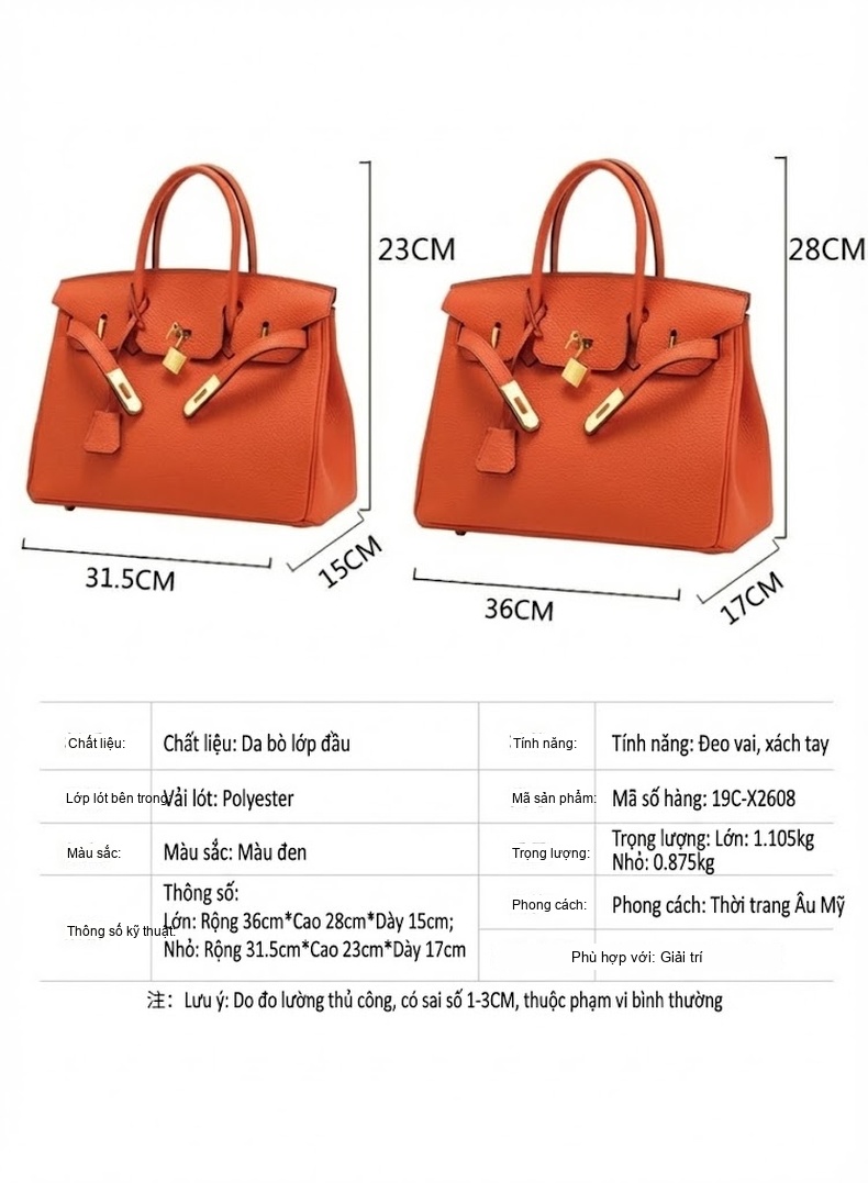 Túi Xách Tay Nữ Da Bò Litchi Form Kelly Cỡ Lớn Màu Cam chi tiết 14