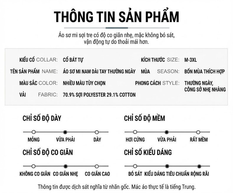 Áo Sơ Mi Dài Tay Nam Cotton Pha Polyester Mỏng Phong Cách Casual Màu Trắng, Đen, Xám, Xanh Quân Đội... chi tiết 6