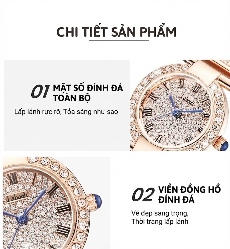 Đồng Hồ Nữ Labaoli Mặt Tròn Đính Đá Dây Đeo Kim Loại Phong Cách Retro Màu Vàng Hồng, Bạc chi tiết 5