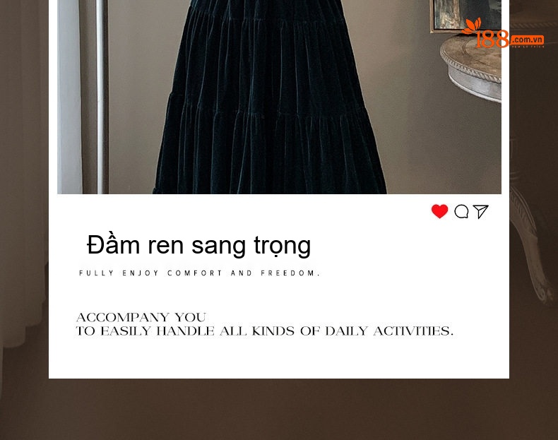 Váy Nhung Dài Tay Thu Đông Dáng Dài Thêu Hoa Chiết Eo Phong Cách Pháp Màu Xanh Đen chi tiết 6