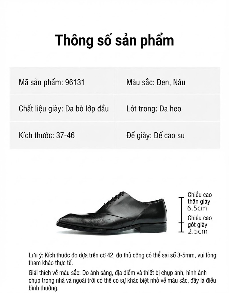 Giày Tây Oxford Nam Da Bò Dập Vân Chiều Cao Đế Khoảng 3cm Màu Đen, Nâu chi tiết 2