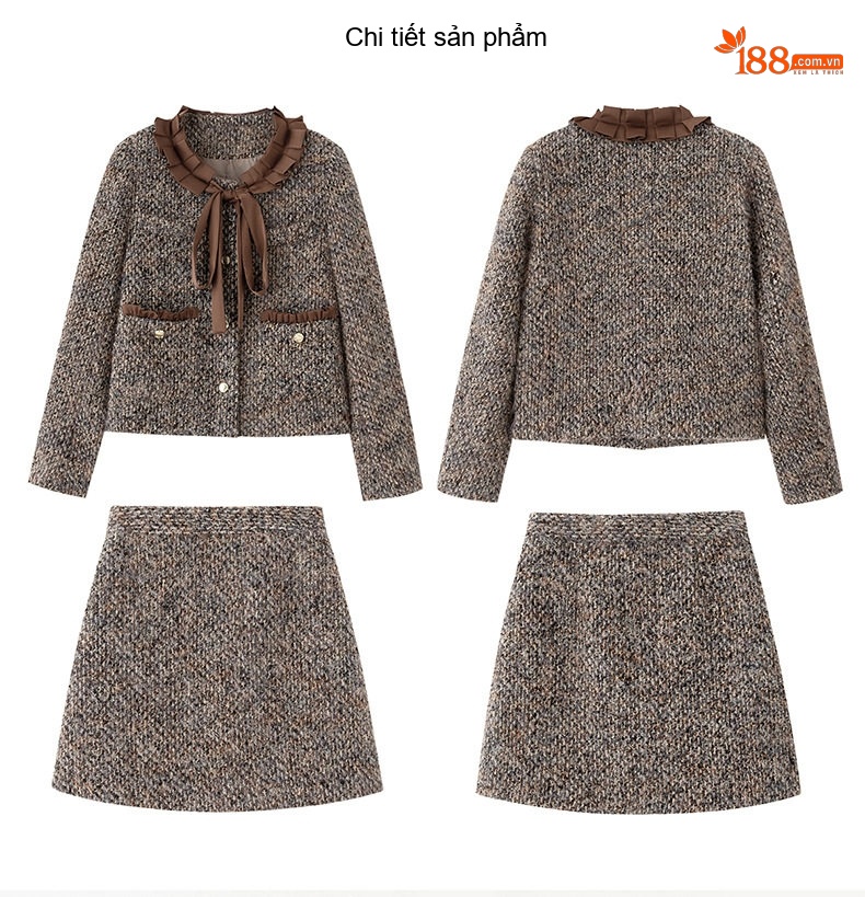 Set Áo Khoác Lông Và Chân Váy Ngắn Phong Cách Tiểu Thư Thanh Lịch Màu Nâu chi tiết 29