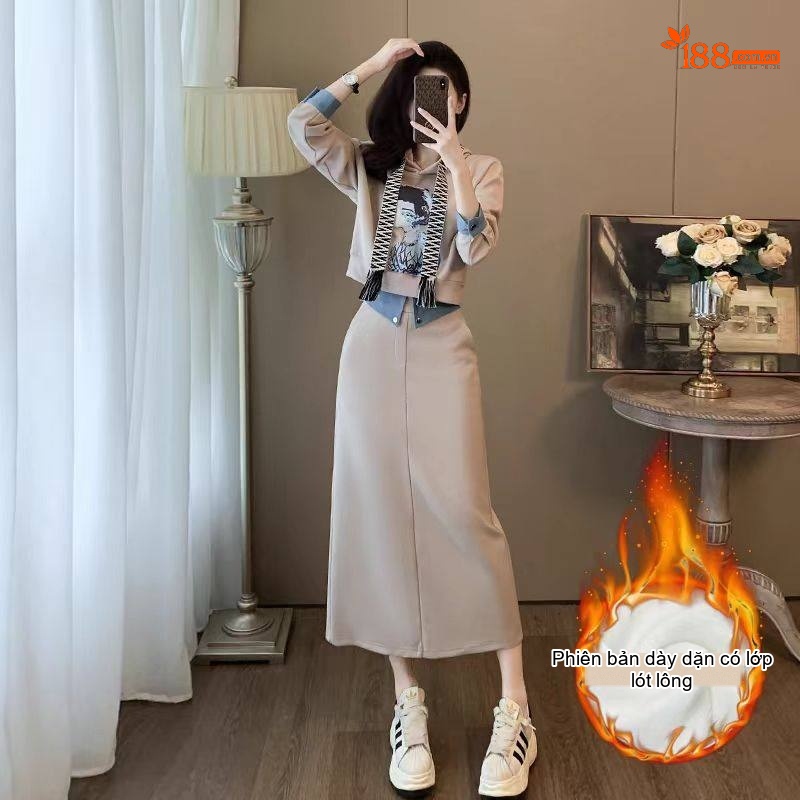 Set Bộ Áo Hoodie và Chân Váy Dáng Dài Nữ Lót Lông Dày Dặn Phong Cách Thời Trang Màu Be
