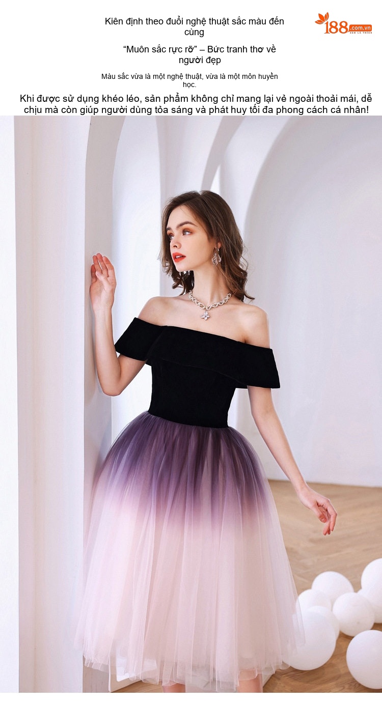 Váy Dự Tiệc Ngắn Nữ Hở Vai Màu Đen Tím Ombre chi tiết 7
