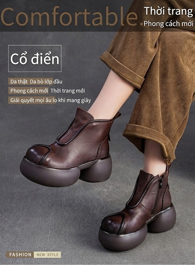 Boot Nữ Da Bò Lót Lông Cao Cấp Chiều Cao Đế Khoảng 6cm Màu Đen, Nâu chi tiết 1