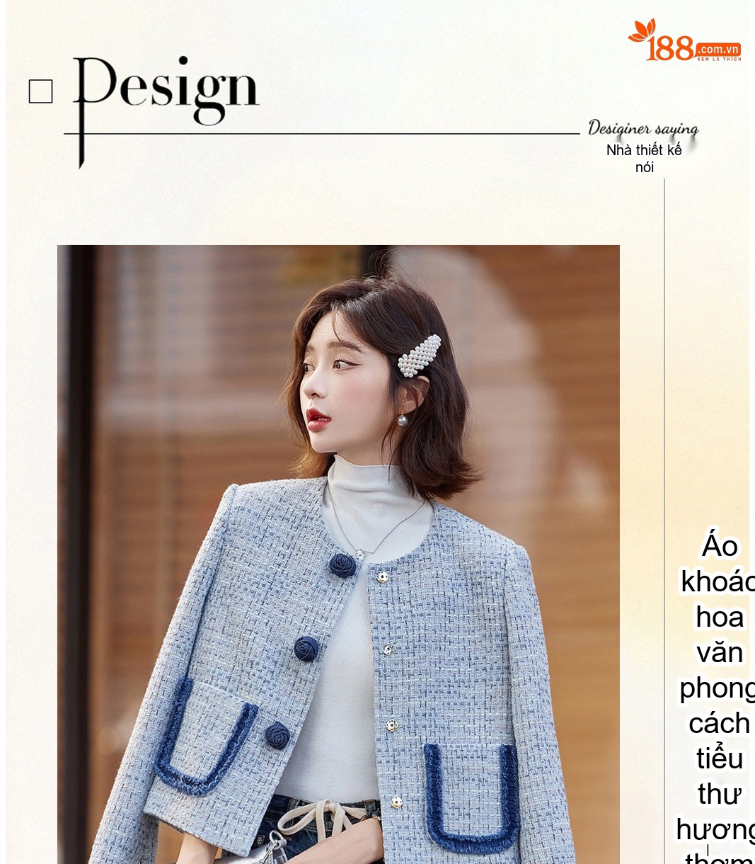 Áo Khoác Nữ Tweed Xanh Lam Cổ Tròn Đính Nút Hoa Phong Cách Tiểu Thư chi tiết 3