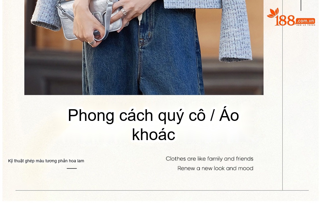Áo Khoác Nữ Tweed Xanh Lam Cổ Tròn Đính Nút Hoa Phong Cách Tiểu Thư chi tiết 4
