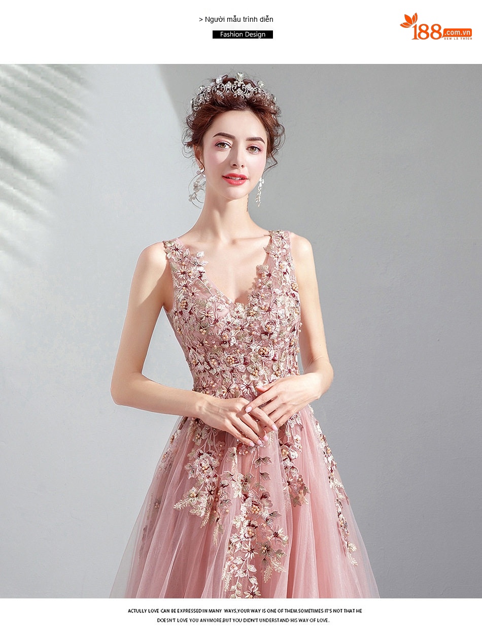 Váy Dạ Hội Nữ Cổ chữ V Vải Voan Màu Hồng Nude chi tiết 5