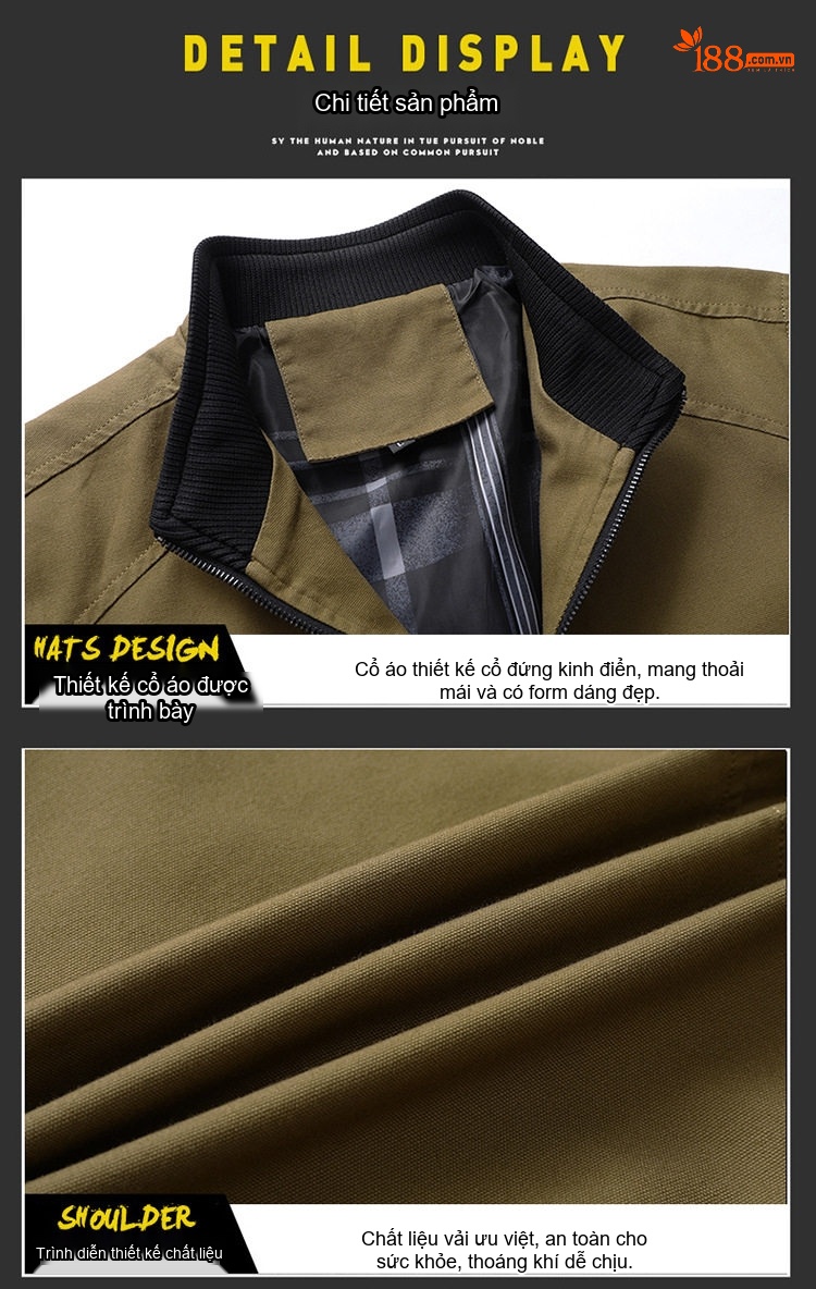 Áo Khoác Bomber Nam Cotton Dáng Đứng Cổ Giản Dị Màu Xanh Olive, Đỏ, Xanh Lá, Đen... chi tiết 17