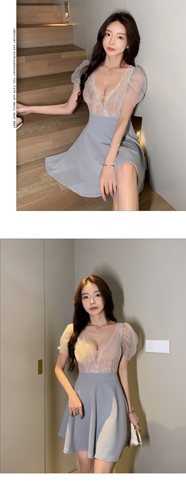 Váy Ngắn Chữ A Cổ Chữ V Tay Bồng Lưới Xuyên Thấu Màu Xám, Trắng chi tiết 6