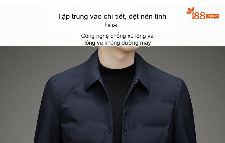 Áo Khoác Phao Nam Lông Vũ Mỏng Nhẹ Cổ Sơ Mi Màu Đen, Xám, Xanh Navy chi tiết 3