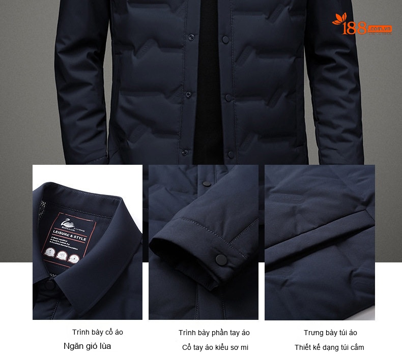 Áo Khoác Phao Nam Lông Vũ Mỏng Nhẹ Cổ Sơ Mi Màu Đen, Xám, Xanh Navy chi tiết 4