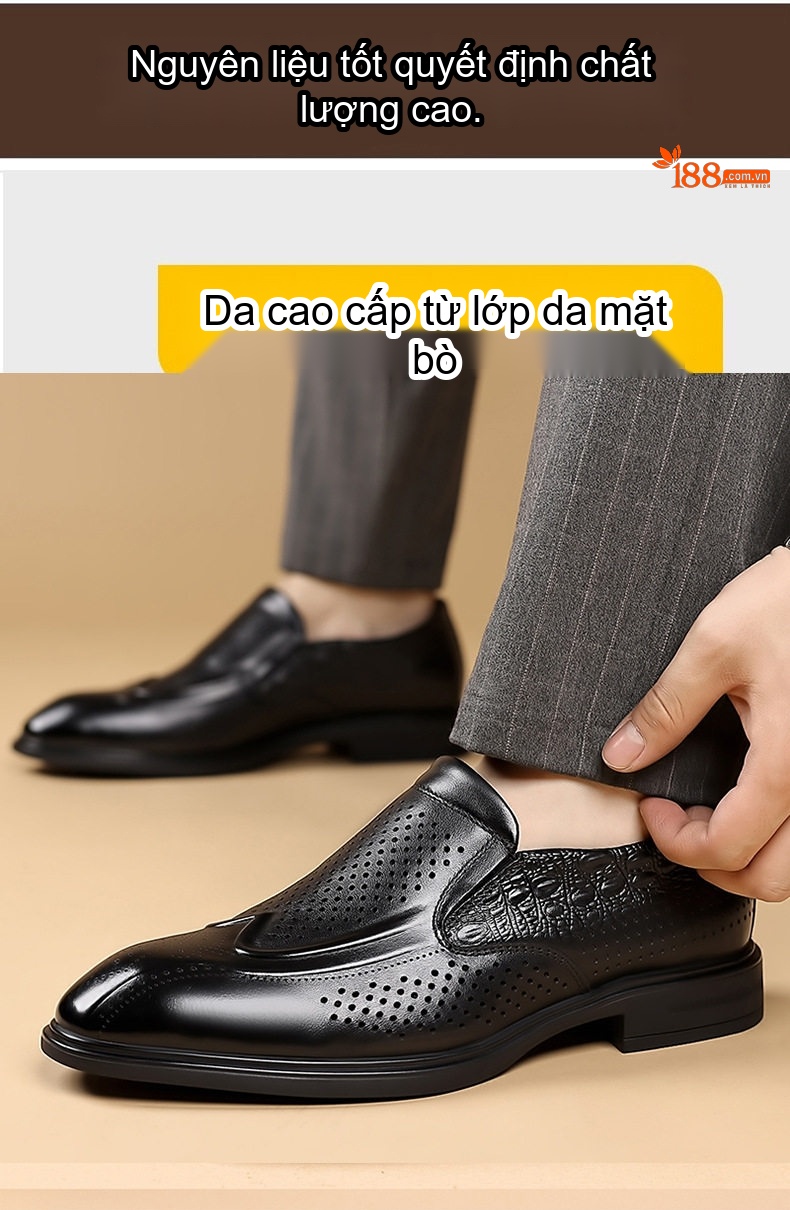 Giày Lười Nam Da Bò Đục Lỗ Thoáng Khí Chiều Cao Đế Khoảng 2cm Màu Đen, Nâu chi tiết 8