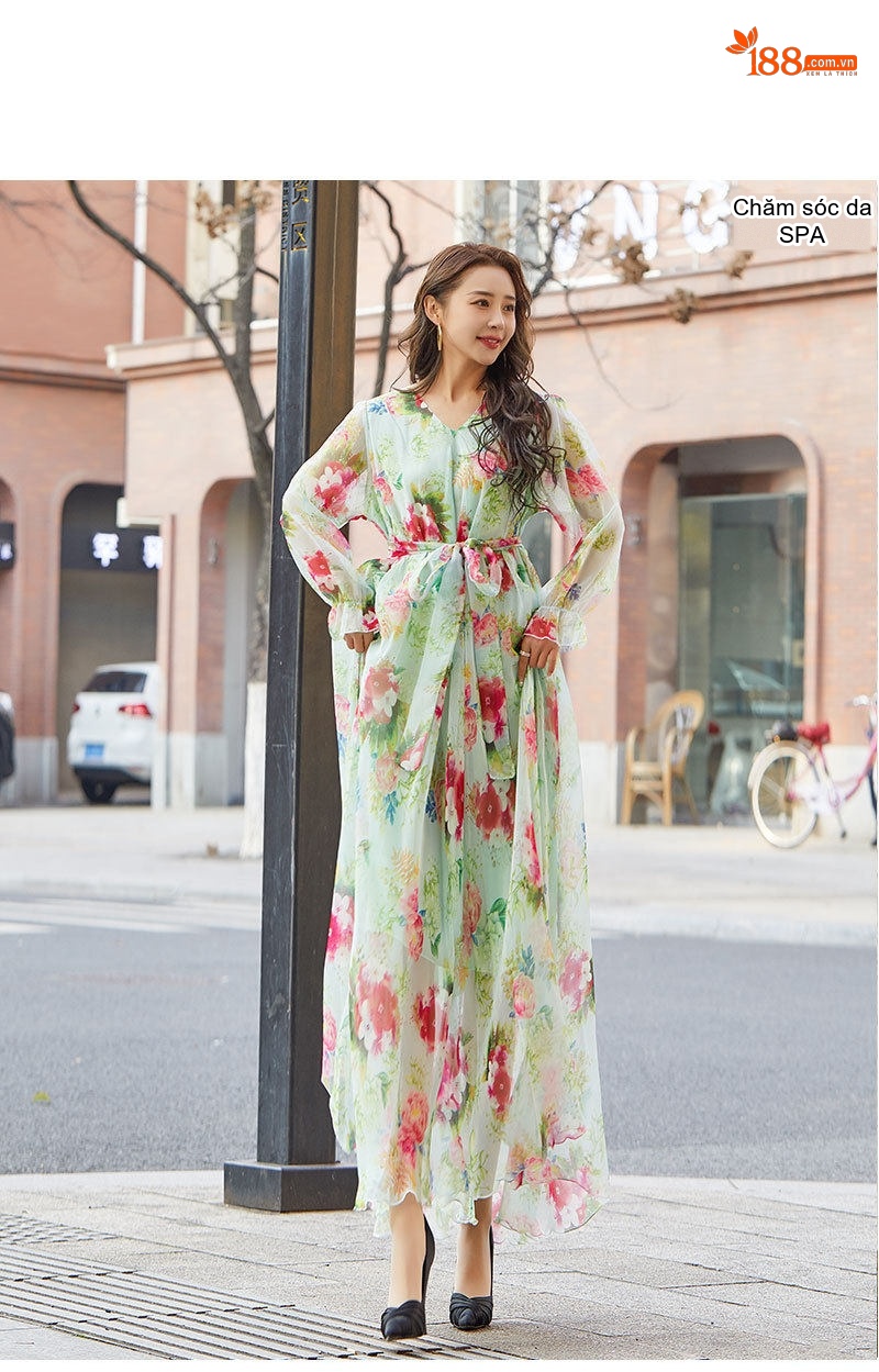 Váy Maxi Tay Dài Voan Hoa Họa Tiết Vintage Đi Biển Mùa Hè Màu Xanh, Hồng chi tiết 6