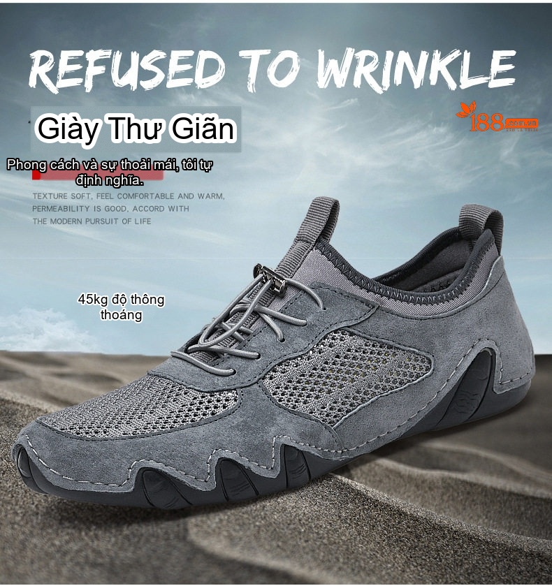 Giày Mọi Nam Vải Lưới Thoáng Khí Da Mờ Chiều Cao Đế Khoảng 3cm Màu Kem, Đen, Xám chi tiết 2