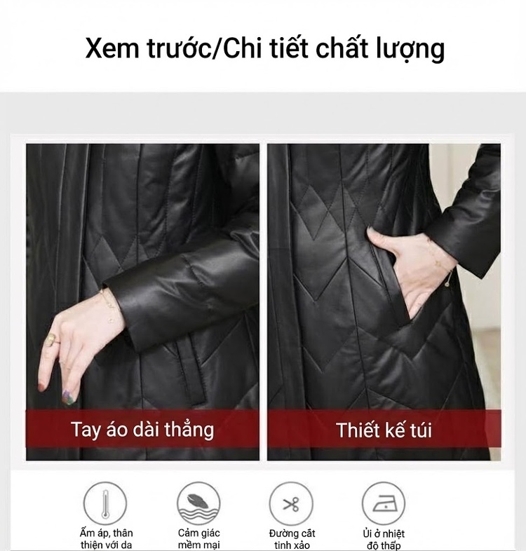 Áo Khoác Phao Dáng Dài Nữ Da Cừu Cổ Lông Cáo Có Mũ Màu Đen chi tiết 4