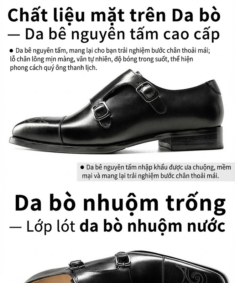 Giày Monkstrap Khóa Cài Nam Da Bò Vân Họa Tiết Chiều Cao Đế Khoảng 3cm Màu Đen, Nâu chi tiết 4