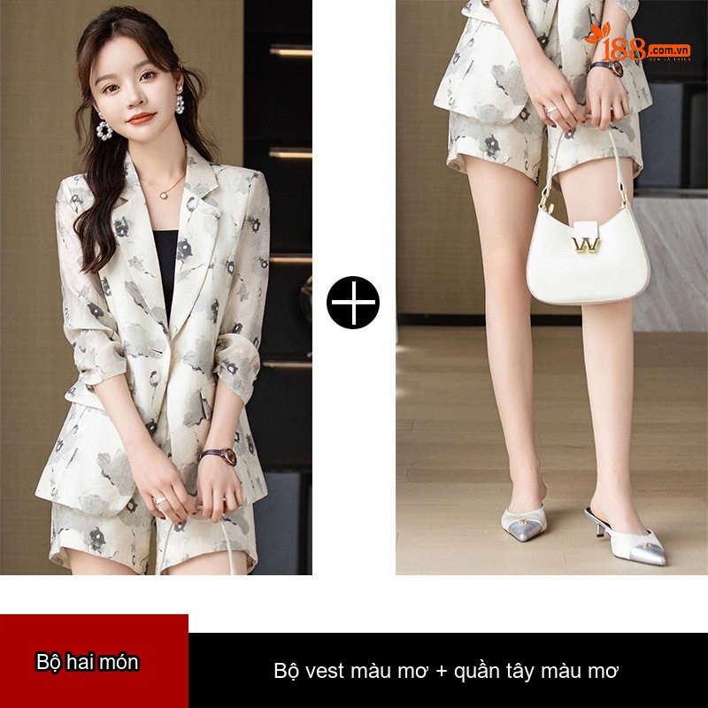 Bộ Vest Blazer Nữ Tay Lỡ In Họa Tiết Thiết Kế Kèm Quần Short Màu Be, Xanh