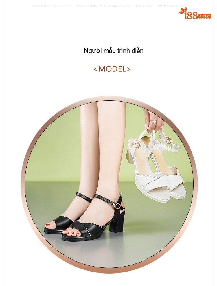 Giày Sandal Cao Gót Nữ Quai Ngang Gót Vuông Da Mềm Gót Cao 7cm - 8cm Màu Đen, Trắng chi tiết 6