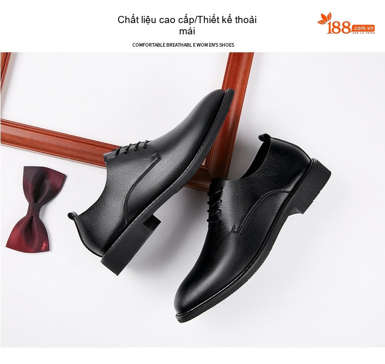 Giày Tây Buộc Dây Nam Da Mềm Chiều Cao Đế Khoảng 3cm Màu Đen chi tiết 6