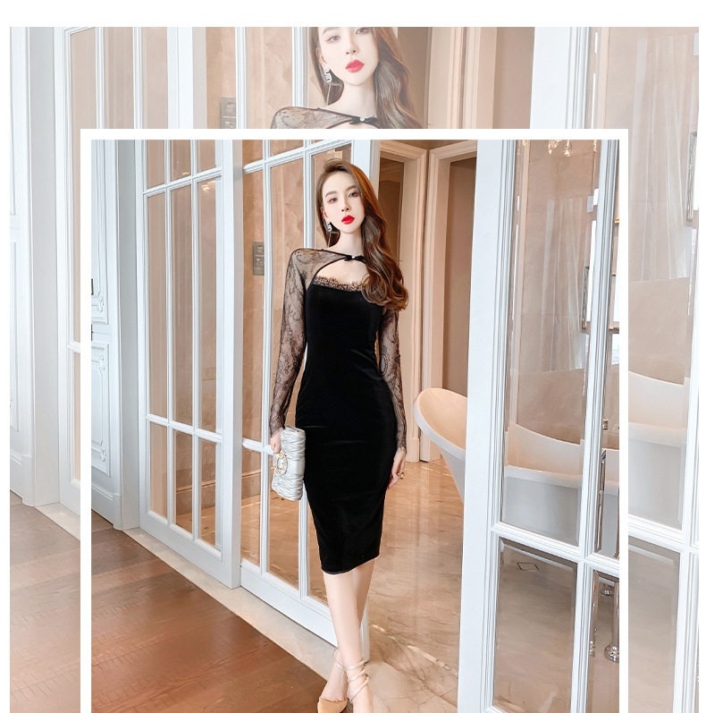 Đầm Ôm Body Nữ Tay Dài Ren Lưới Cổ Khoét Chất Liệu Nhung Màu Đen chi tiết 1