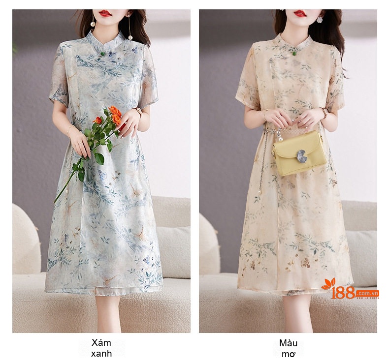 Váy Suông Quốc Phong Cách Tân Cổ Điển, dáng chữ A, Tay Ngắn Màu Xanh Lam, Vàng Be chi tiết 7