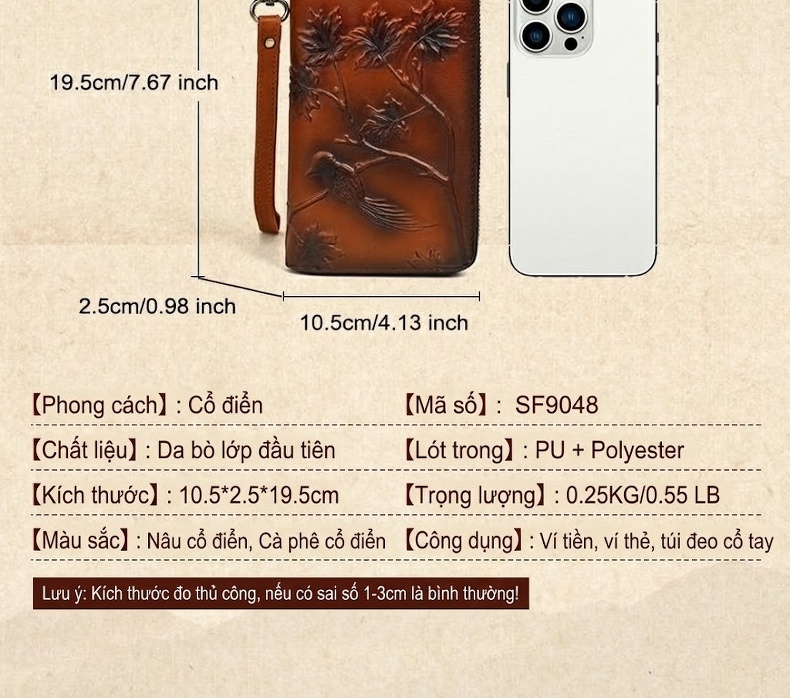 Ví Nữ Da Bò Dáng Dài Cầm Tay Khóa Kéo Dung Tích Lớn Màu Nâu chi tiết 1